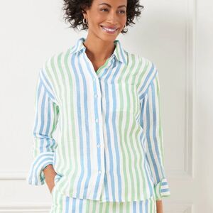 NWT Talbots 100% Linen Button Up Shirt Long Sleeve Blue/Green/White Stripe Small